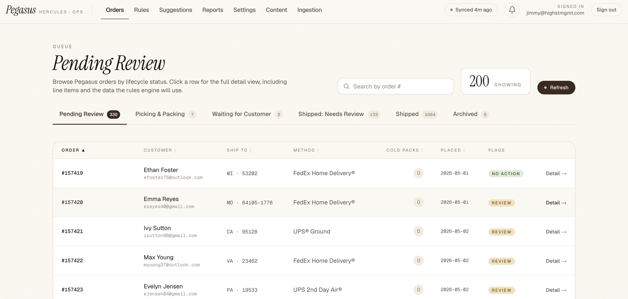 The Pegasus order review queue: every order listed with customer, destination, shipping method, cold packs, and review flags