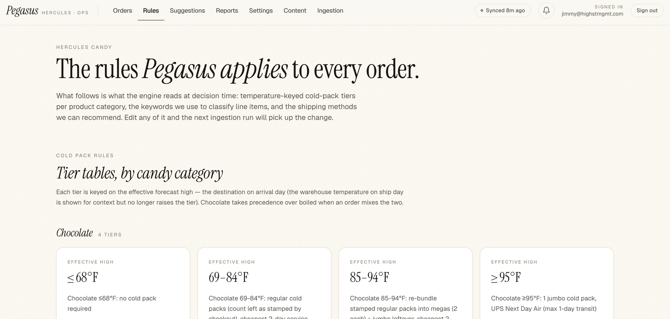 The Pegasus rules page: plain-English, temperature-tiered cold pack rules the client can read and edit